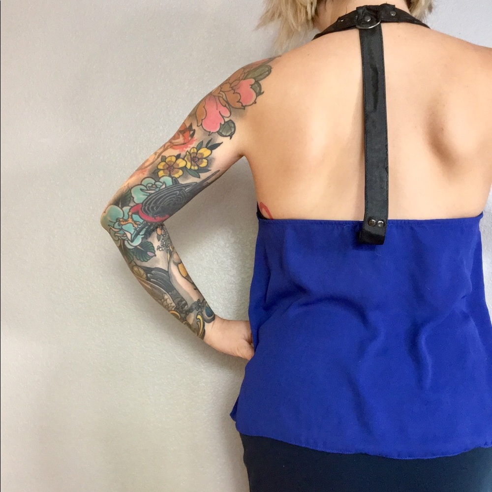 Women’s blue black vegan leather halter top blouse